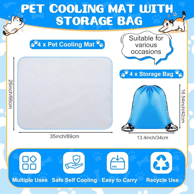 Chunful 4 Pack Pet Cooling Mat, 35 x 26 Inches Dog Cooling Pad for Summer, Ice Silk Self-Cooling Mat, Portable Washable Non-Slip Dog and Cat Pad for Indoor, Outdoor, Car Seats, Trips, up to 45 Lbs