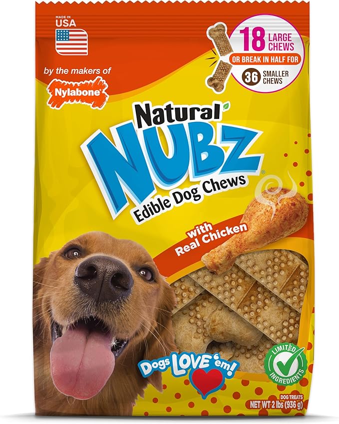 Nylabone Nubz Natural Dog Chew Treats for Large Dogs, Long Lasting Dog Chew Bones Made in the USA, Chicken Flavor Breath Freshener Dental Chews, Large Dog Bones For Dogs Over 30 lbs. (18 Count)