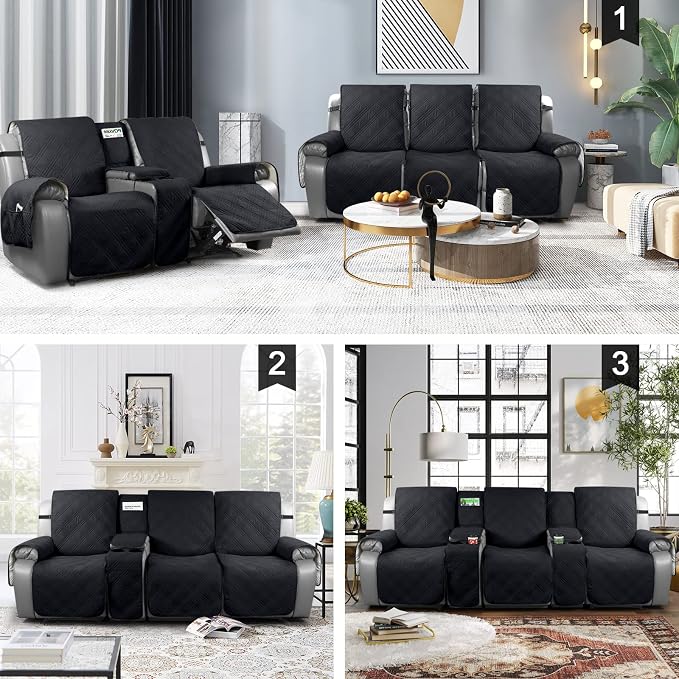 TAOCOCO 100% Waterproof Recliner Couch Covers for 3 Cushion Couch with Console, Recliner Sofa Cover for 3 Seat Sofa, Split Reclining Sofa Cover Furniture Pets Kids Protector (3 Seater, Black)