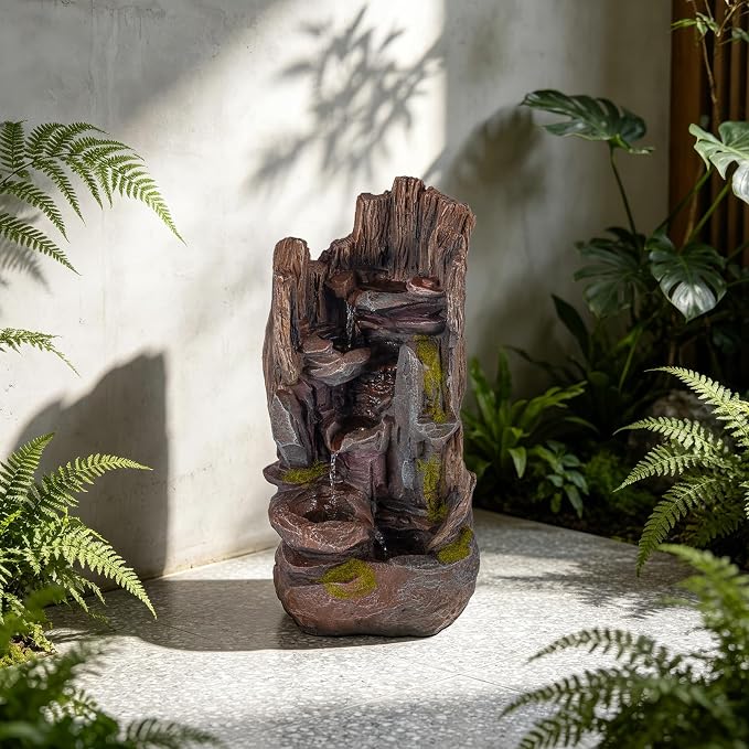 23.7" H Outdoor Garden Fountains, Cascading Rock Water Fountain Indoor, Freestanding Resin Water Feature for Patio, Backyard, Deck, Porch Home Decor