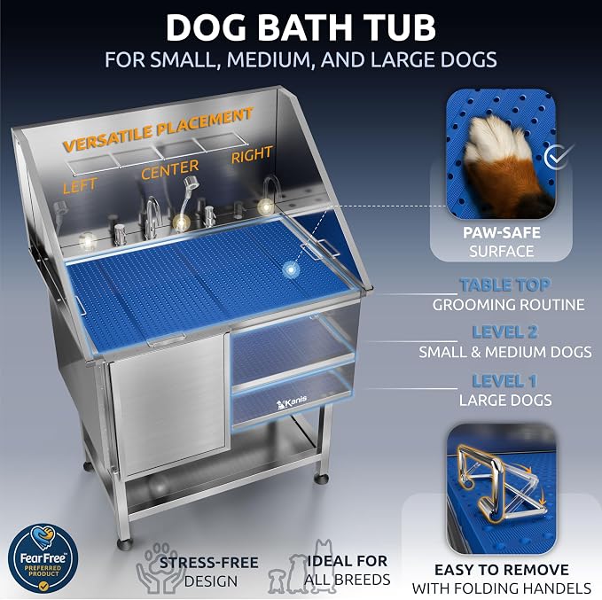 KANIS Professional Dog Washing Station 304 Stainless Steel Pet Wash Sink & Grooming Bathtub w/Shower, Floor Grates and Storage for Large, Medium & Small Pets (Silver, 40 Inches, Left Ramp, Shelf)