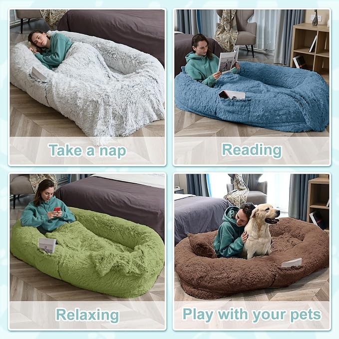 YAEM Human Dog Bed for Adult and Pets - 71"x45"x12" Dogs Beds for Humans with Washable Faux Fur Cover, Plump Pillow, Blanket, Orthopedic Design, Strap-Coffee