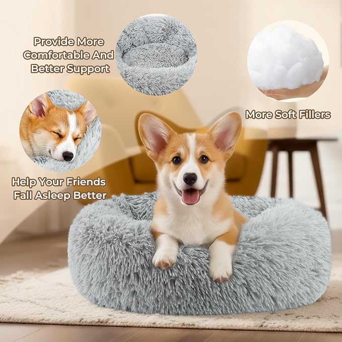 Calming Donut Dog Bed for Small Dogs, Anti-Anxiety Round Washable Plush Fluffy Faux Fur Large Cat Bed, 24 inches Fits up to 20 lbs Pets, Anti-Slip Waterproof Mute Base Gray