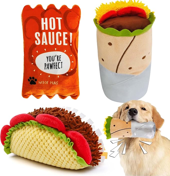 Prime Pets Plush Dog Toys Set, 3 Pack, Crinkle Squeaky Dog Toys, Food Shaped Pet Toy for Small Medium Large Dogs, Stuffed Puppy Chew Toy