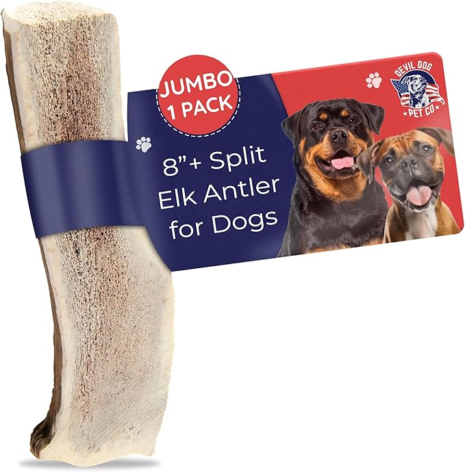 Devil Dog Pet Co. Split Elk Antlers for Dogs, Natural Dog Chew with Exposed Marrow - Long Lasting and Odor Free - USA Sourced - Cleaner Teeth, Anxiety & Boredom Relief - Jumbo 8"+ - Antler Bone