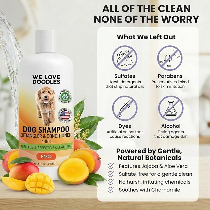Dog Shampoo and Conditioner & Detangler - Best Goldendoodles, Poodles & Doodle Shampoo for Smelly Dogs, Sensitive Skin Puppy Shampoo, Goldendoodle Must Haves (Shampoo & Detangler (Mango))