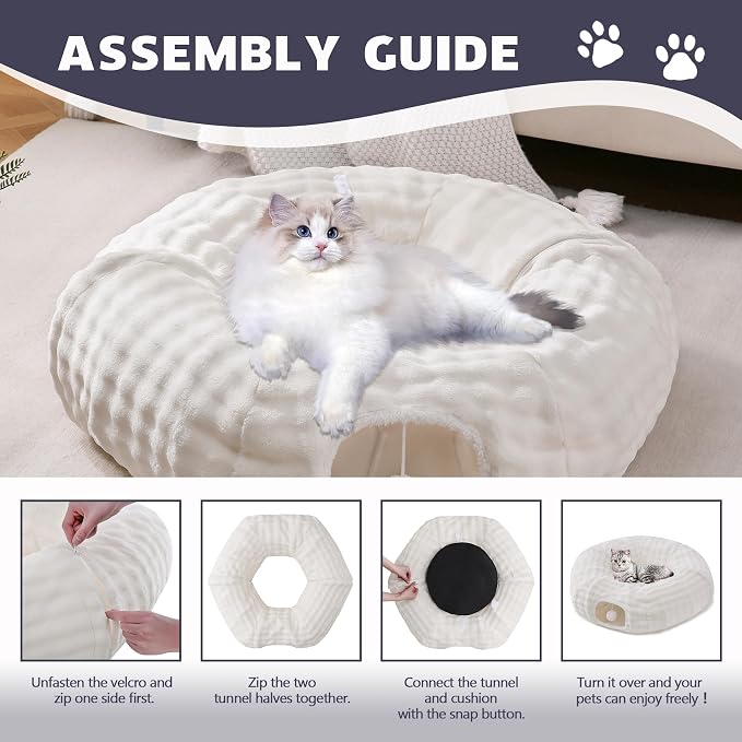 Bubble Cat Tunnel for Indoor Cats, Round Peekaboo Cave Toy with Dangling Balls, Donut Tunnel Bed with Circle Mat for Puppy Kitten Rabbit, Cream White