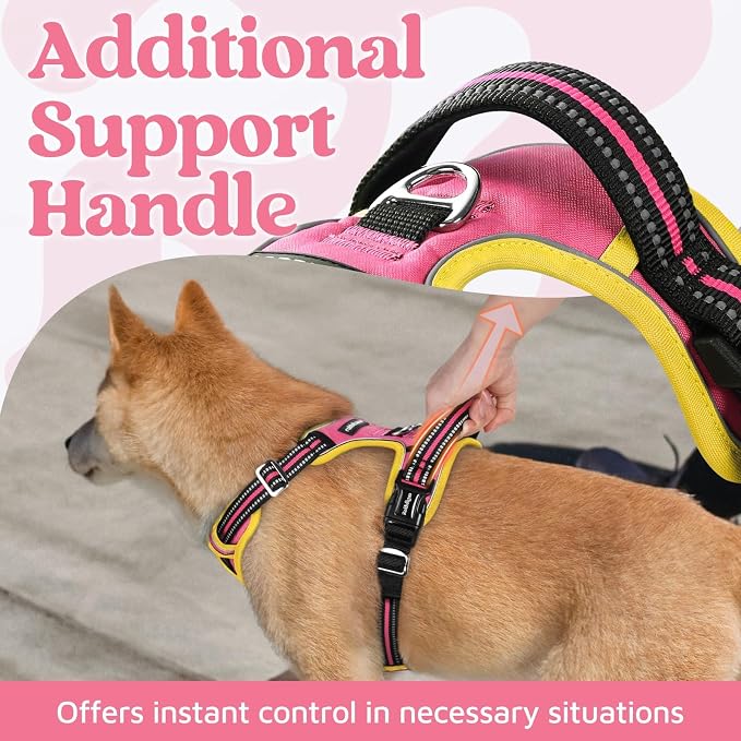 rabbitgoo Dog Harness for Large Dogs, 3 Buckles Easy On & Off No Pull Pet Vest, Soft Padded Walking Pet Harness with Control Handle, Adjustable and Reflective, Pink & Yellow, XL