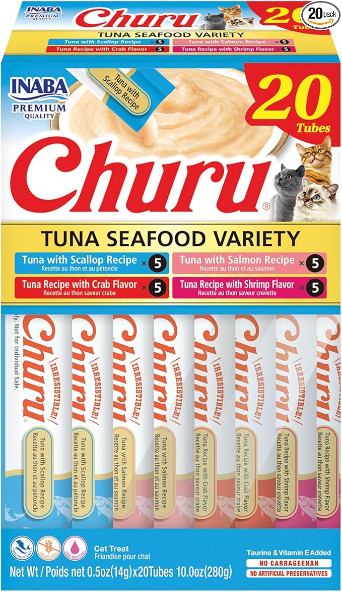 INABA Churu Cat Treats, Lickable, Squeezable Creamy Purée Cat Treat with Green Tea Extract & Taurine, 0.5 Ounces Each Tube, 20 Tubes, Tuna & Seafood Variety Box