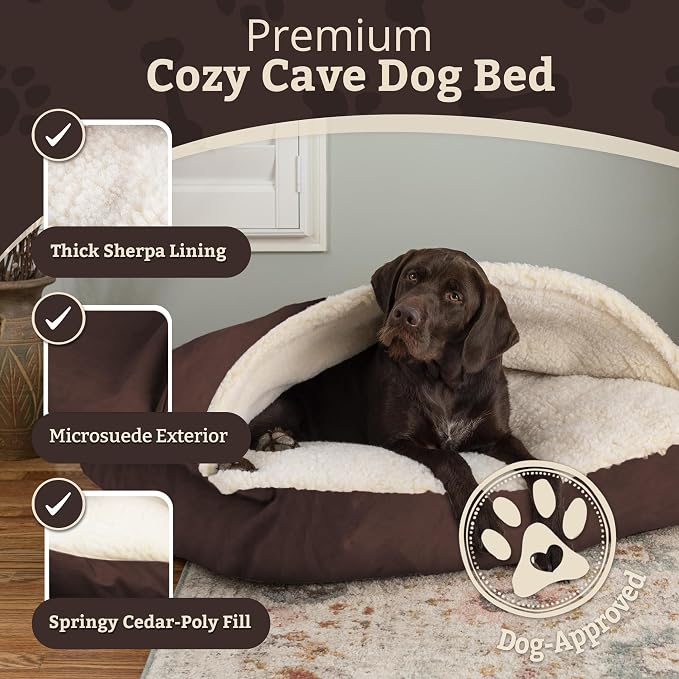 Snoozer Rectangle Cozy Cave Dog Bed - Indoor Dog Bed with Cover Cave, Covered Calming Burrow for Large Sized Pets with Blanket Attached, Enclosed, Washable Cover - XL, Hot Fudge