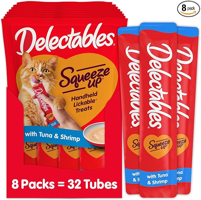 Delectables Squeeze Up Creamy Squeezable Puree, Lickable Wet Cat Treats, Grain Free, No Added Fillers, No By-Products, No Added Preservatives, 0.5 Ounces Tuna & Shrimp, 32 Tubes Total