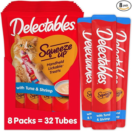 Delectables Squeeze Up Creamy Squeezable Puree, Lickable Wet Cat Treats, Grain Free, No Added Fillers, No By-Products, No Added Preservatives, 0.5 Ounces Tuna & Shrimp, 32 Tubes Total