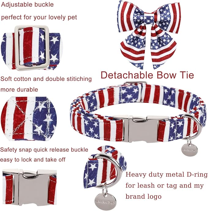 Patriotic Dog Collar with Bow Tie, 4th of July Bowtie Dog Collar, American Flag Collar for X-Large Boy Girl Dog, Comfortable Summer Bowtie Collar with Metal Buckle, XL