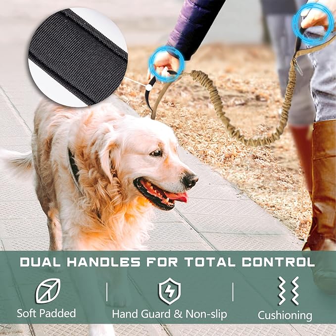BUMBIN 6Ft Dog Leash Large Dogs, Bungee Dog Leash with 2 Handles, Heavy Duty Leashes for Medium Small Dogs, No Pull Shock Absorbing ，with Car Seat Belt for Training, Brown