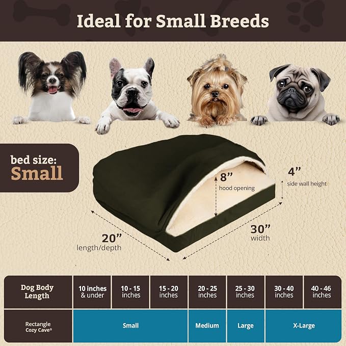 Snoozer Rectangle Cozy Cave Dog Bed - Indoor Dog Bed with Cover Cave, Covered Calming Burrow for Small Sized Pets with Blanket Attached, Enclosed, Washable Cover - Small, Olive