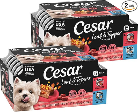 Cesar Loaf & Topper in Sauce Wet Dog Food Bacon Feast Variety Pack, Rotisserie Chicken with Bacon & Cheese and Angus Beef with Bacon & Cheese, 3.5 oz, Easy Peel Trays, 12 Count (Pack of 2)