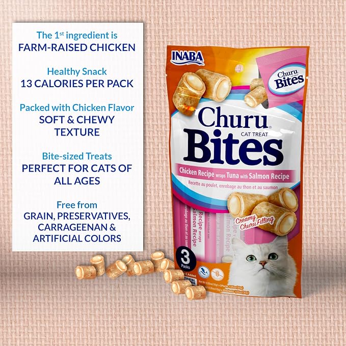 INABA Churu Bites for Cats, Soft/Chewy Baked Chicken Wrapped Churu Filled Cat Treats with Vitamin E, 0.35 Ounces per Tube, 24 Tubes Total (3 Tubes per Pack), Tuna with Salmon Recipe