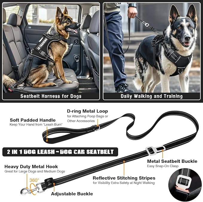 Tactical Dog Harness and Leash Set for Large Dogs,Heavy Duty No Pull Service Dog Vest and 10 Patches with Dog Seat Belt,Reflective Adjustable Pet Harness for Training Walking Hiking Black XL