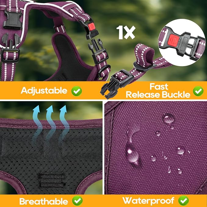 Timos Dog Harness Small Sized, No Pull Pet Harness with Neck Lockable Snap, No Choke Front Clip Reflective Vest, Adjustable Metal Rings 3 Buckles, Easy Control Handle for Small Dogs Grape Purple S