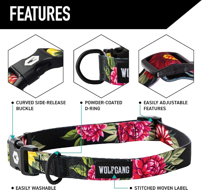 Wolfgang Heavy Duty, Adjustable Dog Collar with Quick Release Nylon Buckle for Walking & Training, DarkFloral Print, Large