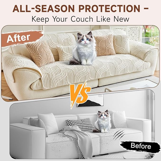OTOB All Season Couch Cover for Dogs Washable, Non Slip Ultra Soft Plush Pet Couch Covers for 3 Cushion Couch Sofa, Cozy Fuzzy Sofa Slipcovers Furniture Protector, 1 Piece(Cream, 35.4"x70.9")