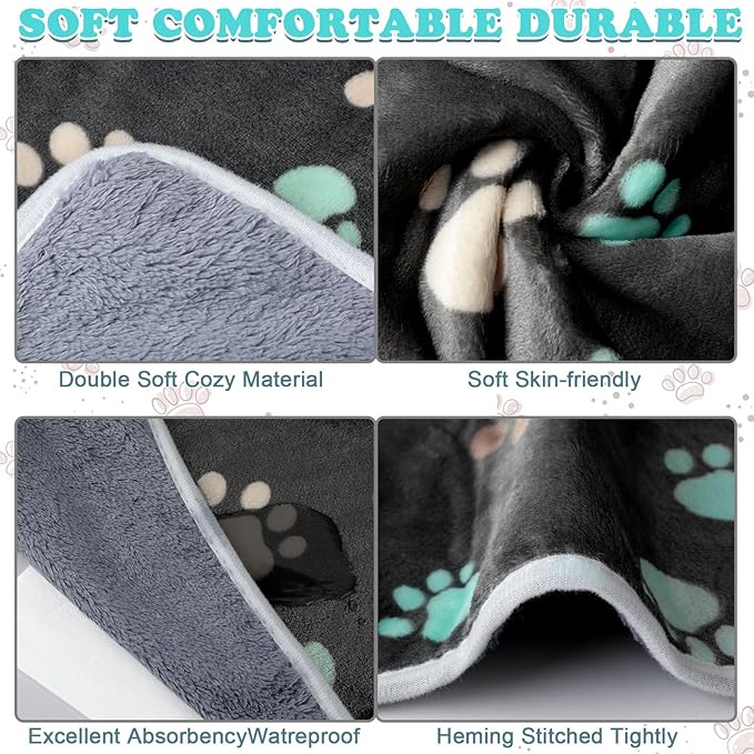 Panelee 4 Pcs 24 x 16 Inch Waterproof Dog Puppy Pads Soft Cat Blankets Dog Sleep Mat Absorbent Pet Blanket Paw Pattern Whelping Warm Pads Fleece Puppy Potty Training Pad Reusable(Black)
