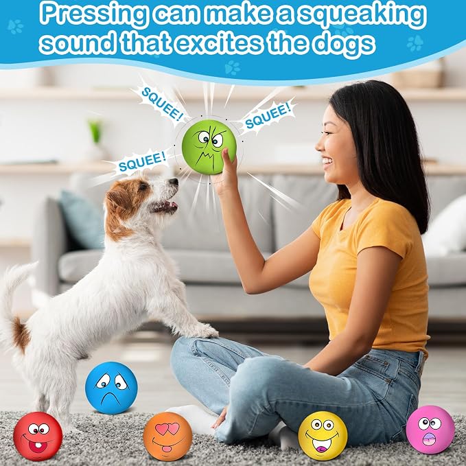 3.14" Squeaky Dog Toys Funny Smile Face Chewing Latex Rubber Soft Fetch Play Interactive Squeaky Dog Balls for Puppy Small Medium Pet Dog (6PCS)