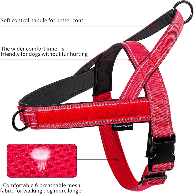 Annchwool No Pull Dog Harness with Padded Handle+5 Ft Leash,Reflective Strip Escape Proof and Quick Fit to Adjust Dog Harness,Easy for Training Walking for Small & Medium and Large Dogs(Red-Set,XL)