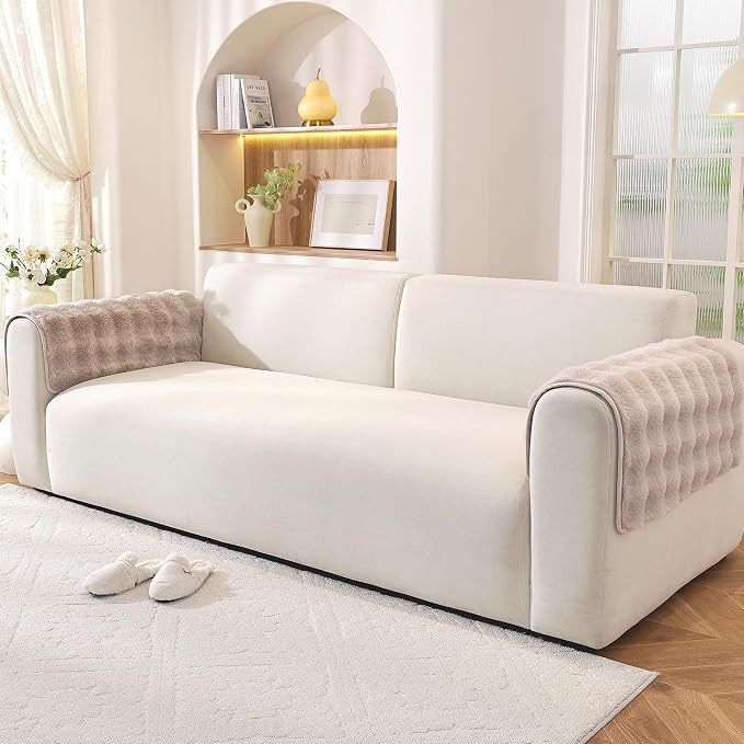 Waterproof Dog Bed Cover Non Slip Couch Covers for Dogs Washable Soft Faux Fur Sofa Cover Couch Covers for 3 Cushion Couch Sofa Pet Friendly (Khaki, 24" x 24" 2 Pack)