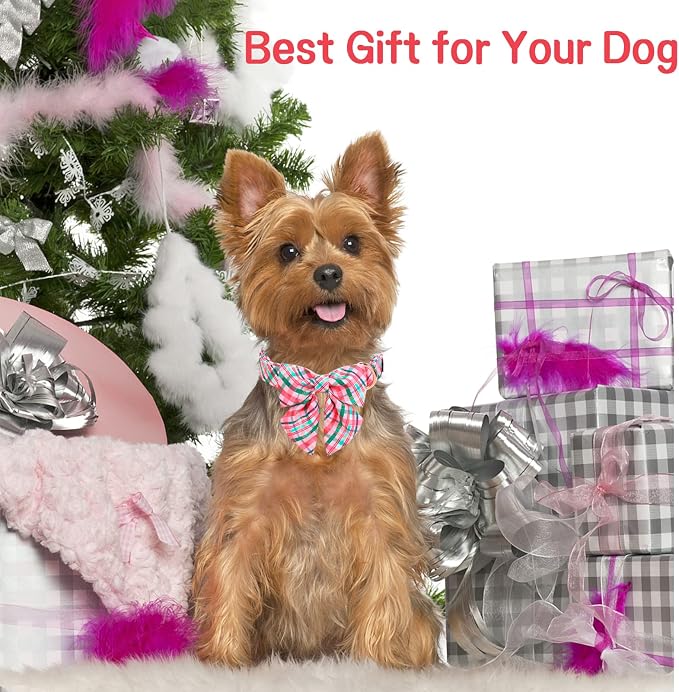 Unique style paws Dog Collar with Tie Pink & Green Plaid Dog Collar Best Gifts for Small Medium Large Dogs -S