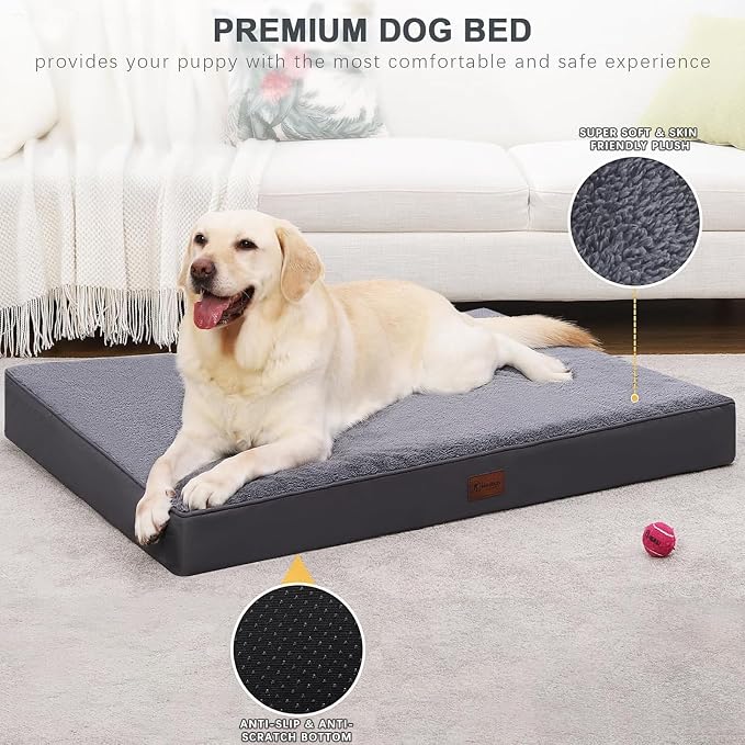 Waterproof Dog Beds Large Sized Dog Orthopedic Dog Beds for Crate with Removable Washable Cover Egg-Crate Foam Pet Pad Mat with Anti-Slip Bottom, 41x27 Inch, Grey