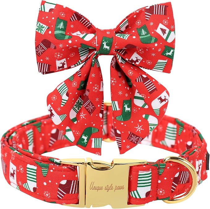 Unique Style Paws Christmas Day Dog Collar with Bowtie Christmas Socks Cotton Puppy Collars for Small Medium Large Dogs