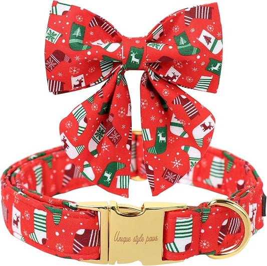 Unique Style Paws Christmas Day Dog Collar with Bowtie Christmas Socks Cotton Puppy Collars for Small Medium Large Dogs