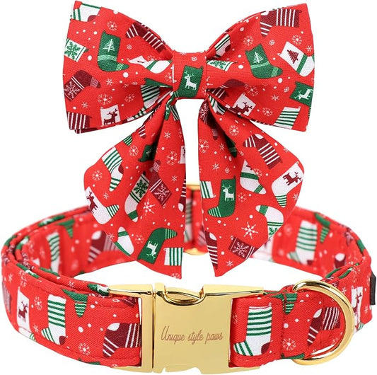 Unique Style Paws Christmas Day Dog Collar with Bowtie Christmas Socks Cotton Puppy Collars for Small Medium Large Dogs