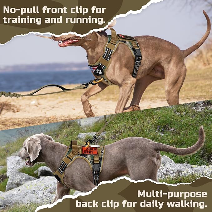 rabbitgoo Tactical Dog Harness for Large Dogs, No Pull Military Service Vest with Handle & Molle, Easy Control for Training Walking, Adjustable Reflective Straps, Brown camo, L