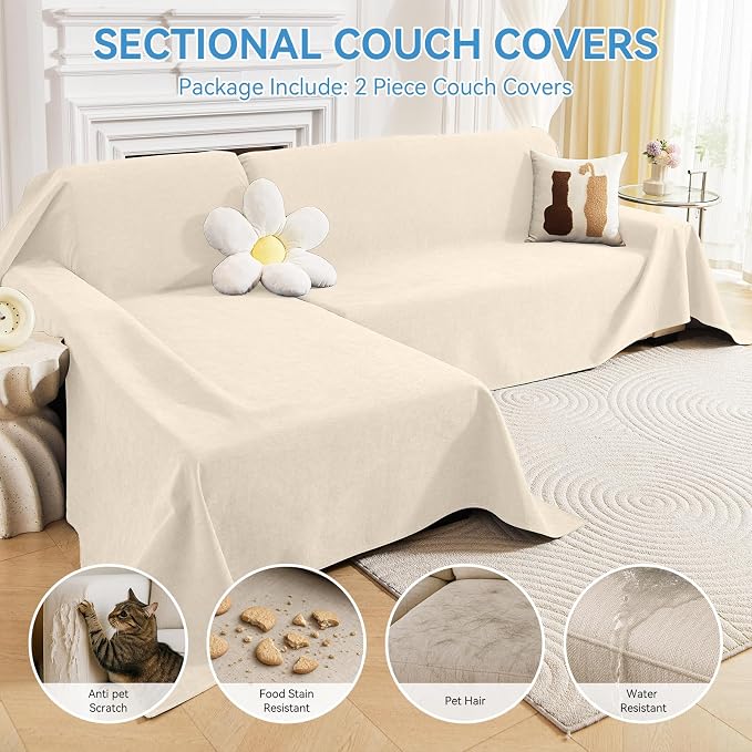 Deep Dream Sectional Couch Covers, 2 Pieces 100% Waterproof L Shaped Sofa Cover, Non Slip Couch Cover for Dogs Cats Washable, Pet Friendly Sofa Slipcovers Furniture Protector (X-Large, Beige)