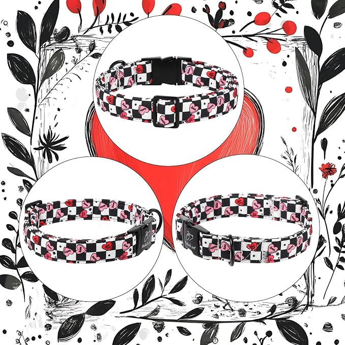 Valentines Dog Collar for Puppy Small Dogs - Unique Black White Plaid Girl Boy Valentine Heart Dog Collars, Adjustable Heavy Duty Pet Collar with Metal Buckle XS