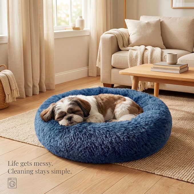 Calming Donut Dogs Beds for Small Dogs Washable,23inch Plush Round Pet Bed for Cozy Sleep,Fluffy Faux Fur Large Cat Bed,Fits up to 25 lbs Pets,Navy Blue