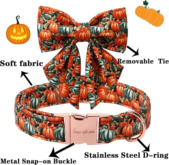 Unique style paws Cartoon Dog Collar with Bowtie Autumn Halloween Puppy Collar with Oil Painting Pumpkin for Small Medium Large Boys Girls Dogs