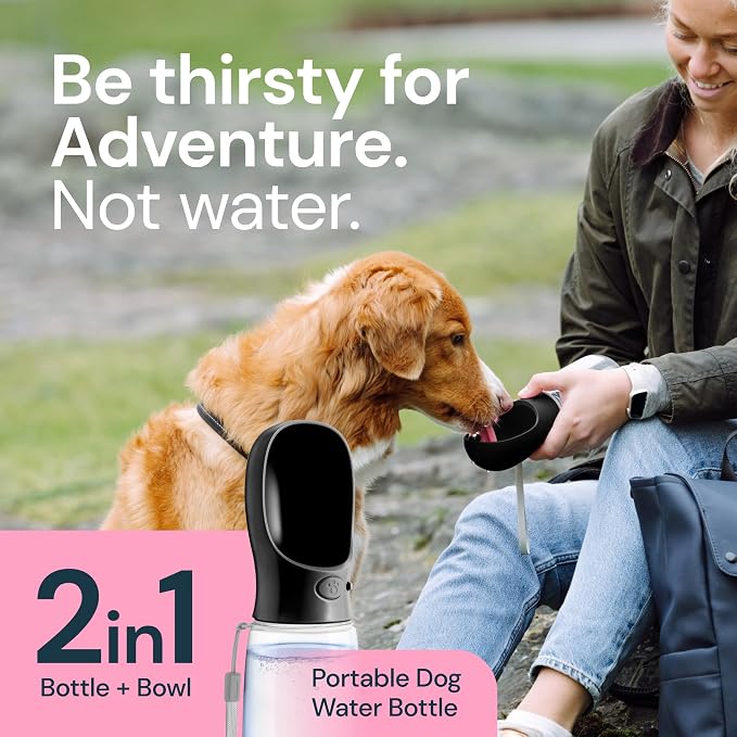 MalsiPree Dog Water Bottle Dispenser - 12 oz Black - Leak-Proof Lock & One-Hand Operation - On the Go Dog Water Dispenser - Pet Travel Bottle with Built-in Bowl, Travel & Hiking Ready