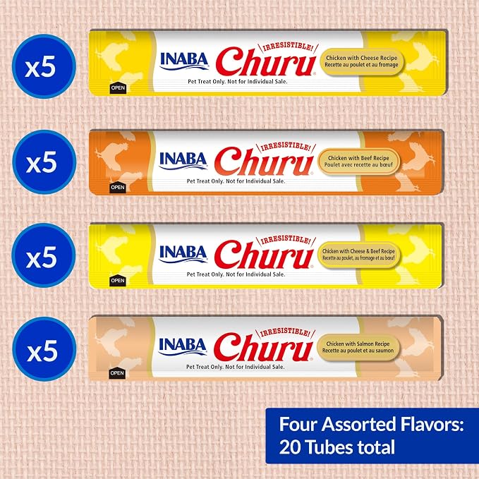 INABA Churu Cat Treats, Lickable, Squeezable Creamy Purée Cat Treat with Green Tea Extract & Taurine, 0.5 Ounces Each Tube, 20 Tubes, Chicken & Beef Variety Box