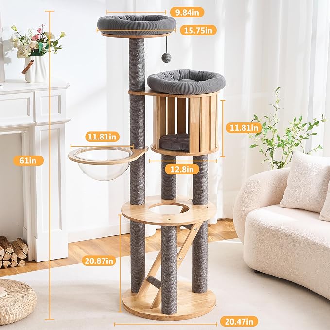 HITTITE Solid Wood Cat Tree Tower with Scratching Post, 61 Inches Tall Cat Towers with Capsule and Condo, Modern Cat Tower with Hammock and Removable Top Bed for Indoor Cats.Grey