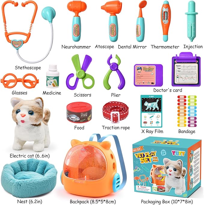 TUZT 17PCS Interactive Cat Toys for Kids, Toys for 3 4 5 6 7 8 Year Old Girls Kids Boys, Walking & Meowing Cat Toy with Sound, Veterinarian Playset for Toddlers, Idea Birthday Gifts for Little Girls