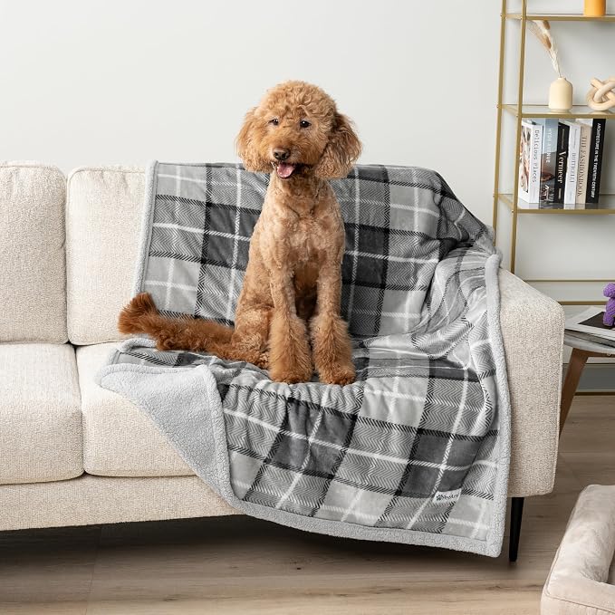 PetAmi Waterproof Dog Blanket for Couch, Large 60x40, Pee Proof Sherpa Fleece Reversible Pet Throw, Furniture Protector for Bed Sofa Kennel, Soft Washable Cover for Medium Dogs Cats, Plaid Light Grey
