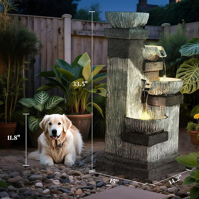 Outsunny 33.5" Tall Outdoor Water Fountain, 4-Tier Floor Standing Resin Cascading Bowls Waterfall Fountain with LED Lights, Pump for Garden, Patio, Backyard
