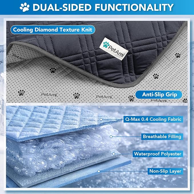 PetAmi Dog Cooling Mat, Waterproof Self Cooling Dog Pad with Non-Slip Backing, Q-Max >4.0 Pet Cooling Mat for Crate, Couch, Kennel & Car, Indoor Outdoor Summer Use, Grey, 29x40