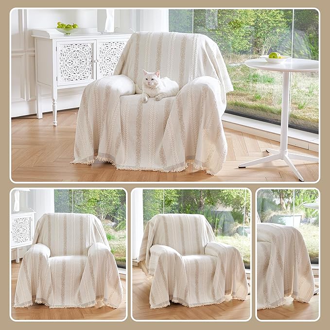 Couch Cover for Dogs Washable Sofa Cover, Sectional Couch Covers, Sofa Covers for 2 Cushion Couch, Non Slip Stripe Sofa Slipcovers Furniture Protector (Beige, 91 * 71)
