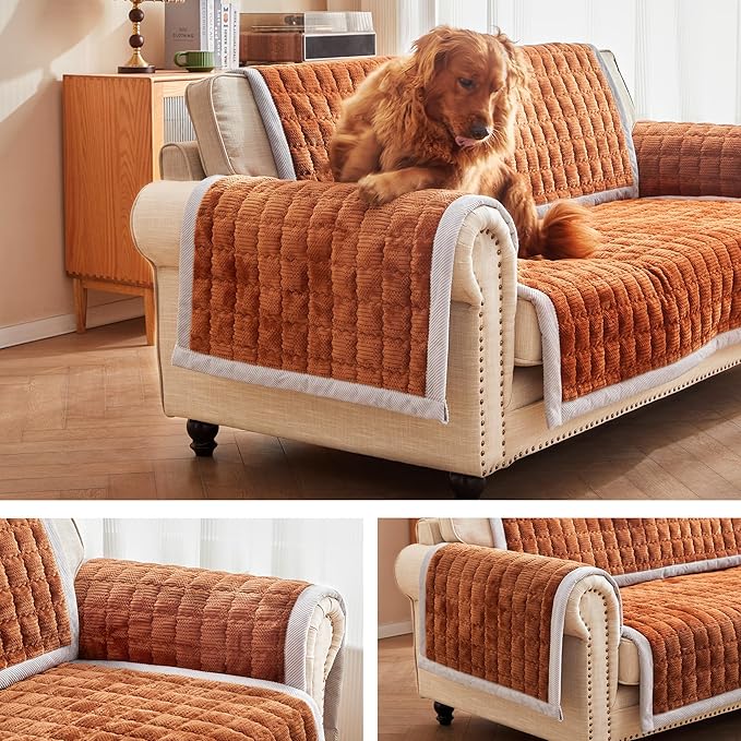 Couch Cover for Dogs Washable,Anti-Slip Back Cat Mat Pet Pad Blanket for Furniture Protector,Fuzzy Pet Sofa Cover for 3 Cushion Couch Sofa Pets Friendly (Curry, 2pc/28"x28"-Arm/Backrest Cover)