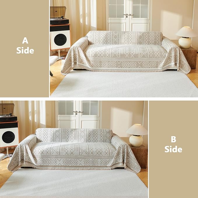 MEETSKY Boho Couch Cover Sofa Covers, Chenille Geometric Khaki Couch Covers for 2 Cushion Couch Sofa for Dogs, Washable Slipcover for Cat Sofa Protector with Tassels,71" x 118"