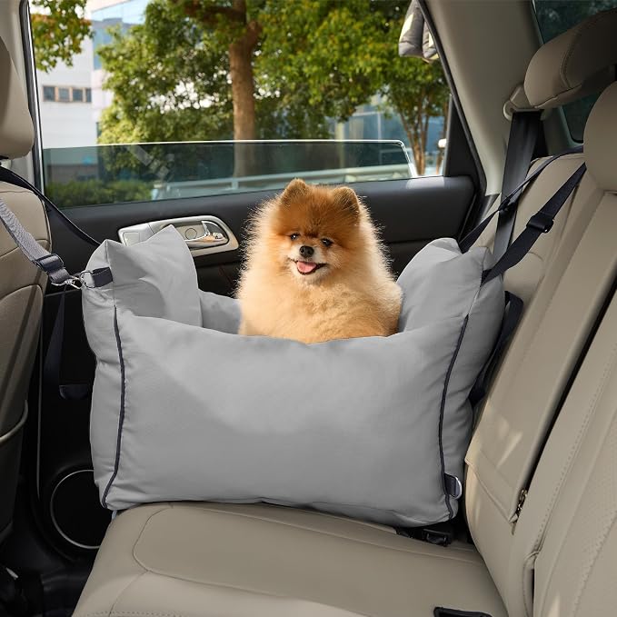 Lesure Small Dog Car Seat for Small Dogs - Soft Dog Booster Seat for Car with Storage Pocket and Clip-On Safety Leash and Thickened Memory Foam Filling, Pet Carseat Travel Carrier Bed, Grey
